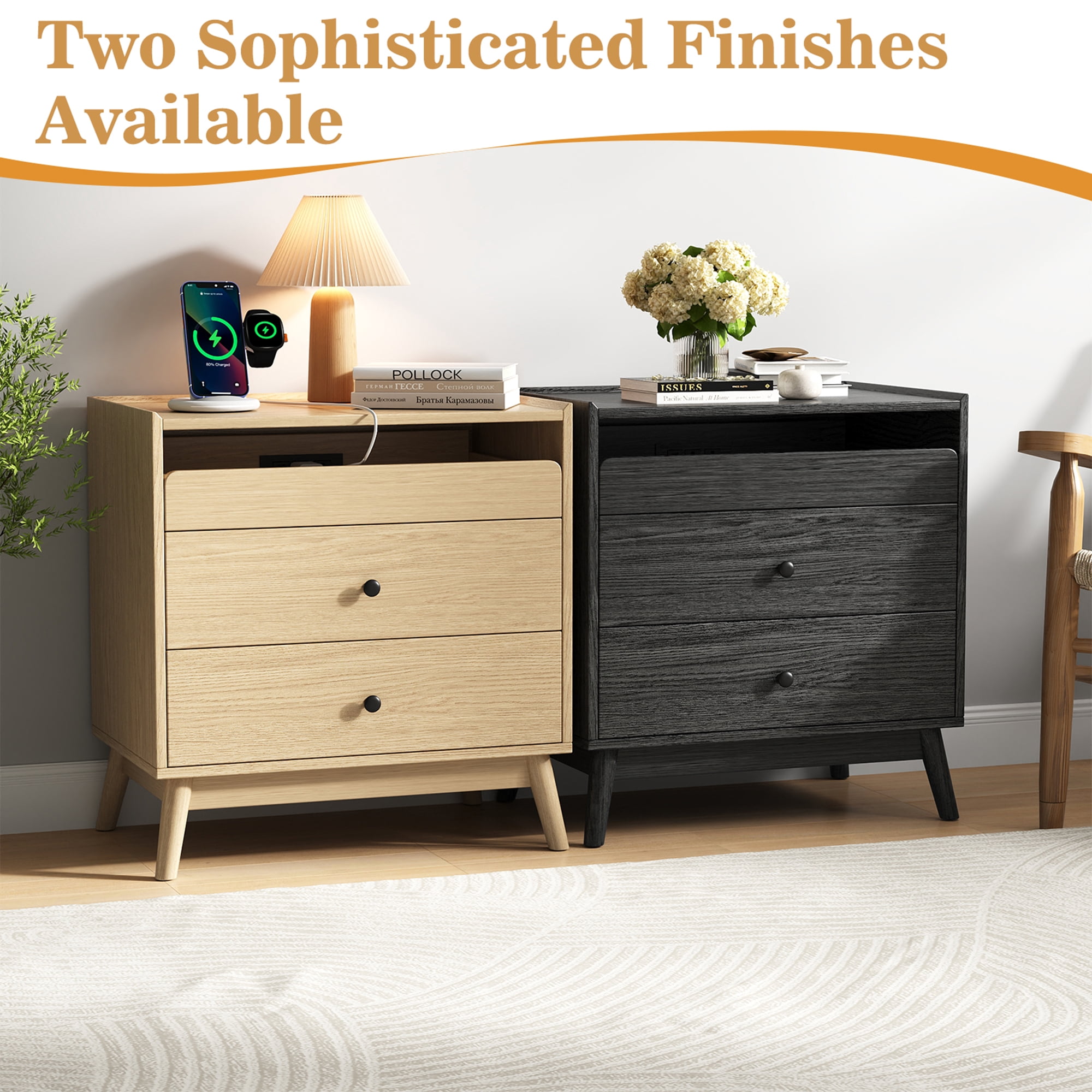 IDEALSOUL Nightstand Set of 2, 24 inch End Side Table with Hidden Charging Station, Large Wooden Night Stand for Bedroom Furniture(2pcs, Wood color)