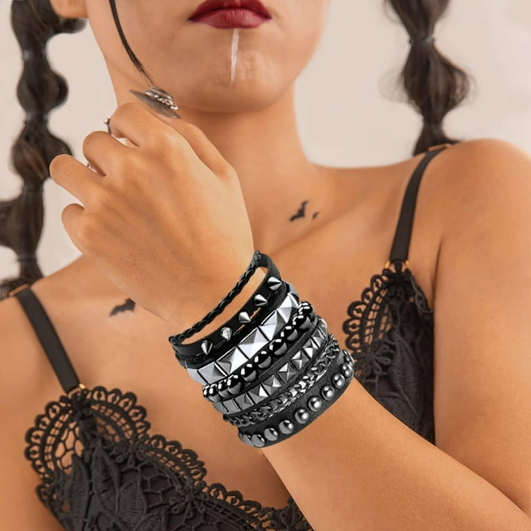 Set 4 Braccialetti Pelle Punk Rock Con Borchie – Stile Anni '80 Per Uomo E Donna, Perfetti Per Moto E Party