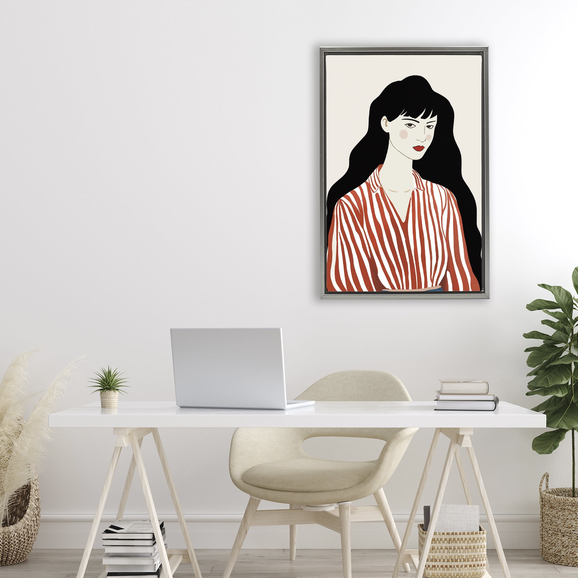 Stupell Industries Woman in Striped Blouse Gray Framed Floater Canvas Wall Art, design by Omar Escalante
