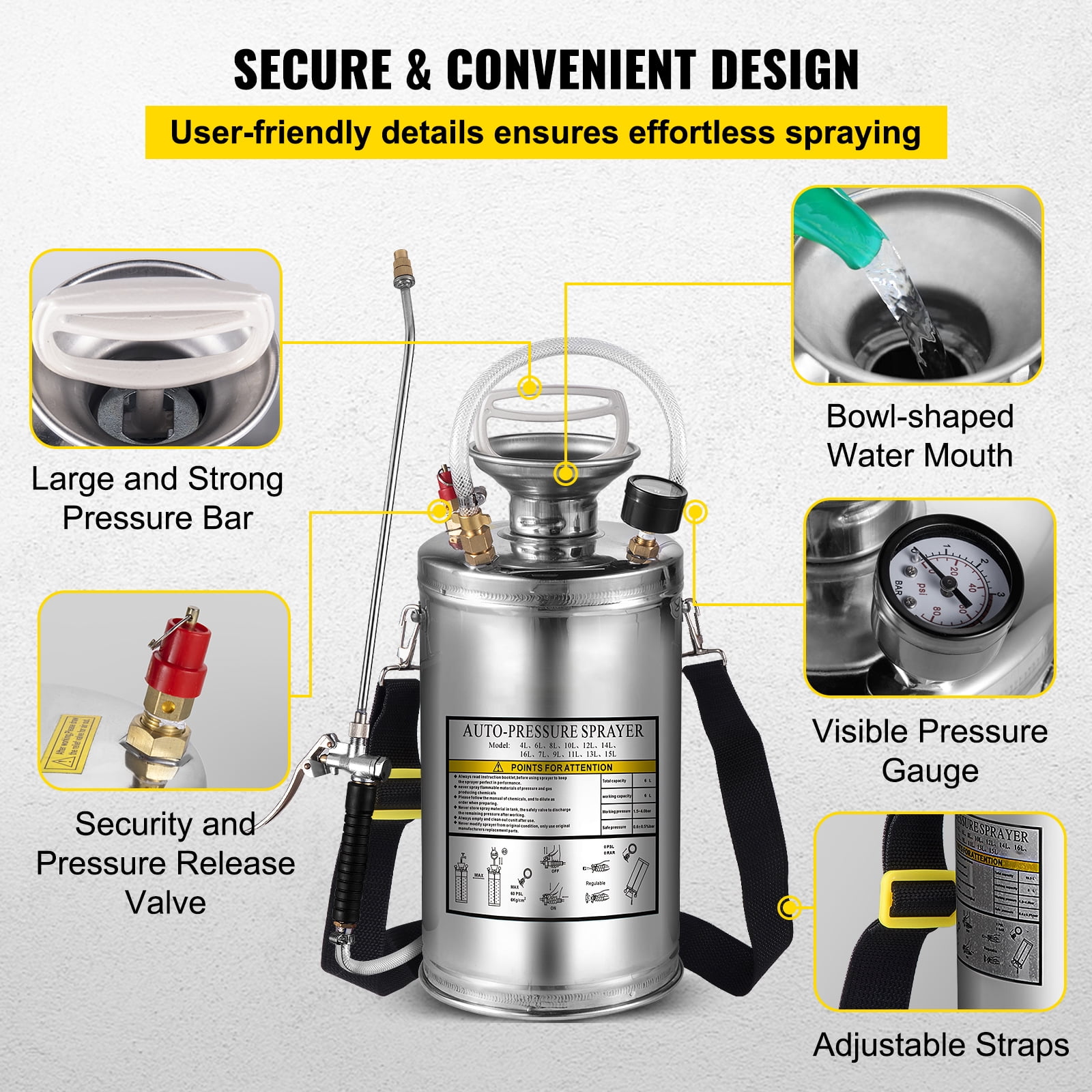 KFFKFF Stainless Steel Sprayer 1.5 Gallon Hand-Pump Sprayer with 3.3-inch Reinforced Hose Garden Sprayer for Home Gardening and Ground Cleaning