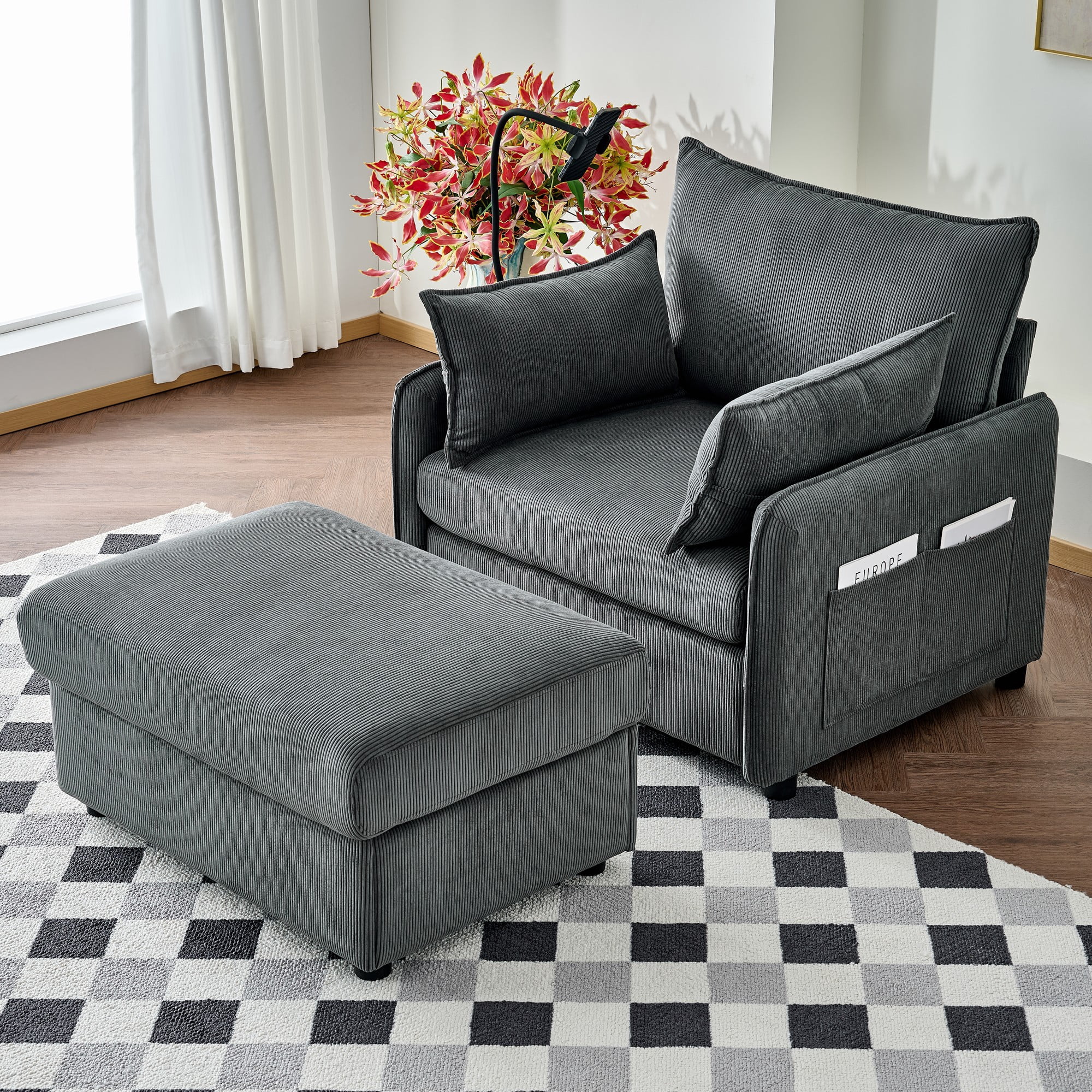 Euroco 55" Oversized Chaise Lounge Chair Indoor with Ottoman and Storage , Comfy Corduroy Single Sofa, Upholstered Deep Seat Chaise Lounge with Pillows for Living Room, Bedroom, Apartment, Grey.
