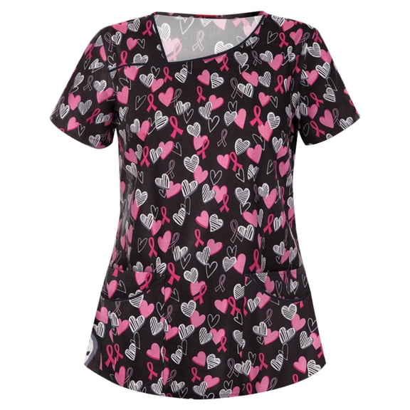 ZVNAΖH Scrub Tops Women, Stretchy V Neck Short Sleeve Cute Love Heart Printed Valentine's Day Gift Nursing Pocketed Working Uniforms