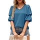 thumbnail image 5 of Blusa de manga corta con volantes para mujer, cuello en V, manga abombada, blusa lisa, Tops holgados para citas en el trabajo, 5 of 6