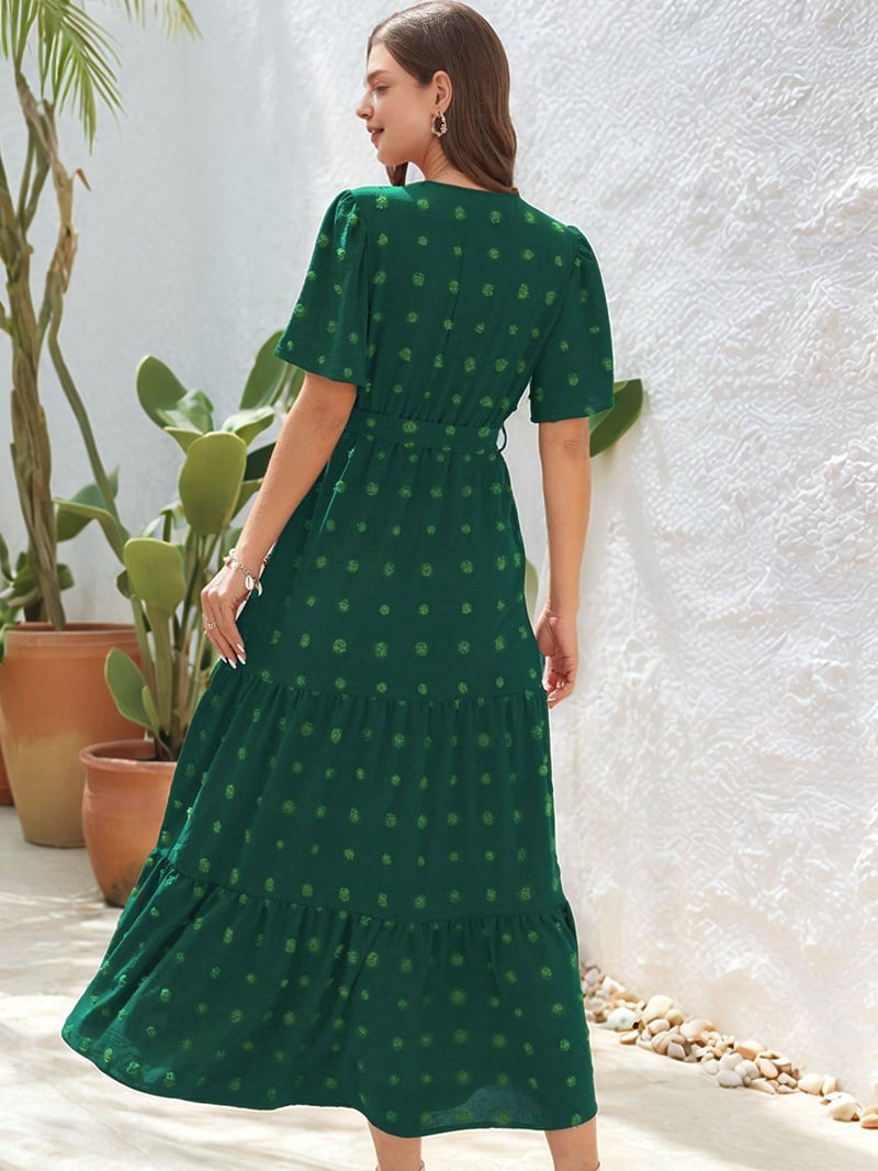 Boho Dot Summer Maxi Dresses for Women Wrap V Neck Short Sleeve Long Flowy Church Wedding Guest Dress Green XXL