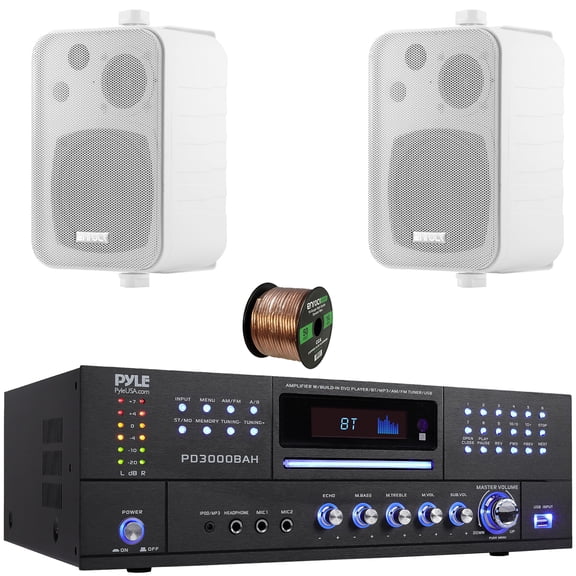 Pyle PD3000BAH 4-Channel 4000W Bluetooth Home Audio Amplifier Receiver – HDMI, USB, FM Radio, CD/DVD Player 2 Microphone, 2x 4" 30W Max Power 3-Way Indoor/Outdoor Box White Speakers W/50 Feet Wire