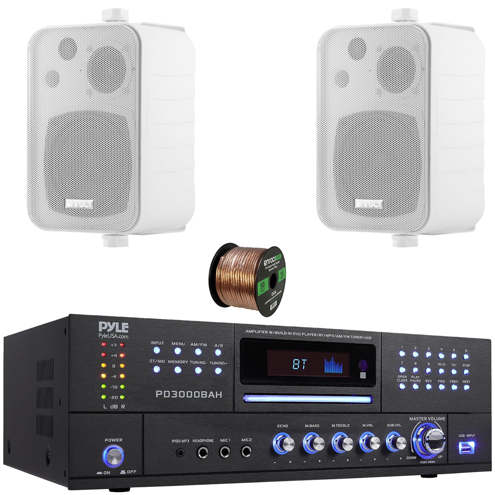 Pyle PD3000BAH 4-Channel 4000W Bluetooth Home Audio Amplifier Receiver – HDMI, USB, FM Radio, CD/DVD Player 2 Microphone, 2x 4" 30W Max Power 3-Way Indoor/Outdoor Box White Speakers W/50 Feet Wire