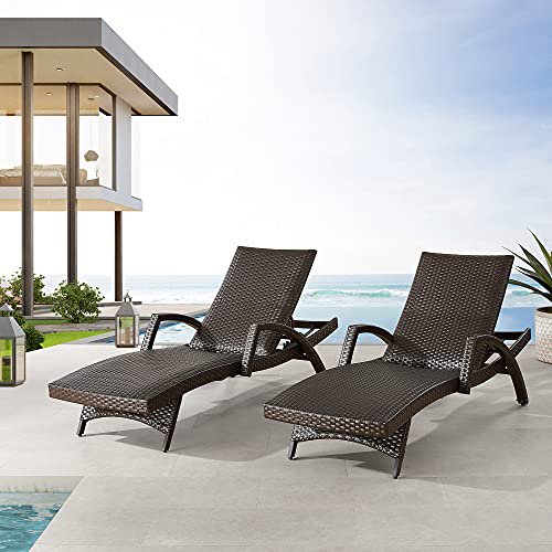 Iwicker Chaises Longues de Patio en Rotin Aluminium Rembourrées avec Mousse à Séchage Rapide Chaises Longues Inclinables en Osier Réglables avec Roues et Accoudoirs, Ensemble de 2