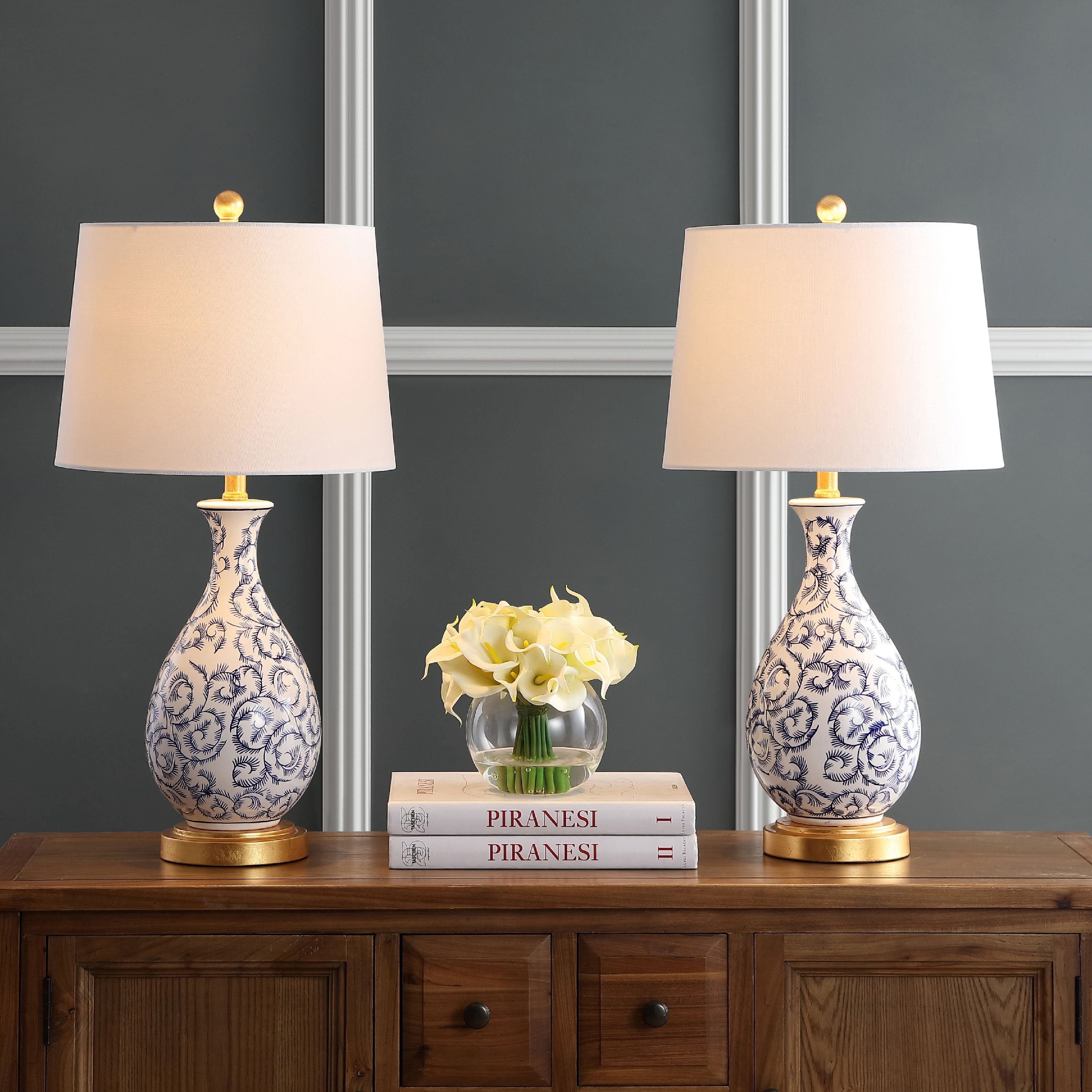 SAFAVIEH Avi Floral Vines 27.5 in. H Table Lamp, Blue/White, Set of 2