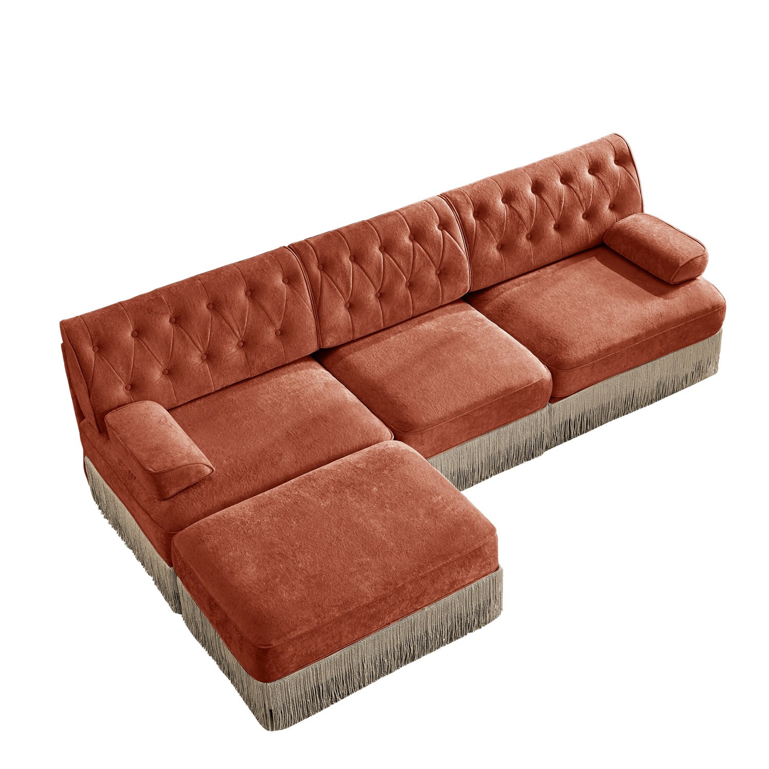 Hommoo 3-Seater Chesterfield Style Velvet Fabric L-Shaped Sectional Sofa, Tufted Button Upholstered Design and Floor-grazing Tassel, Free Combination Sofa Couch Set, for Home, Red Brown