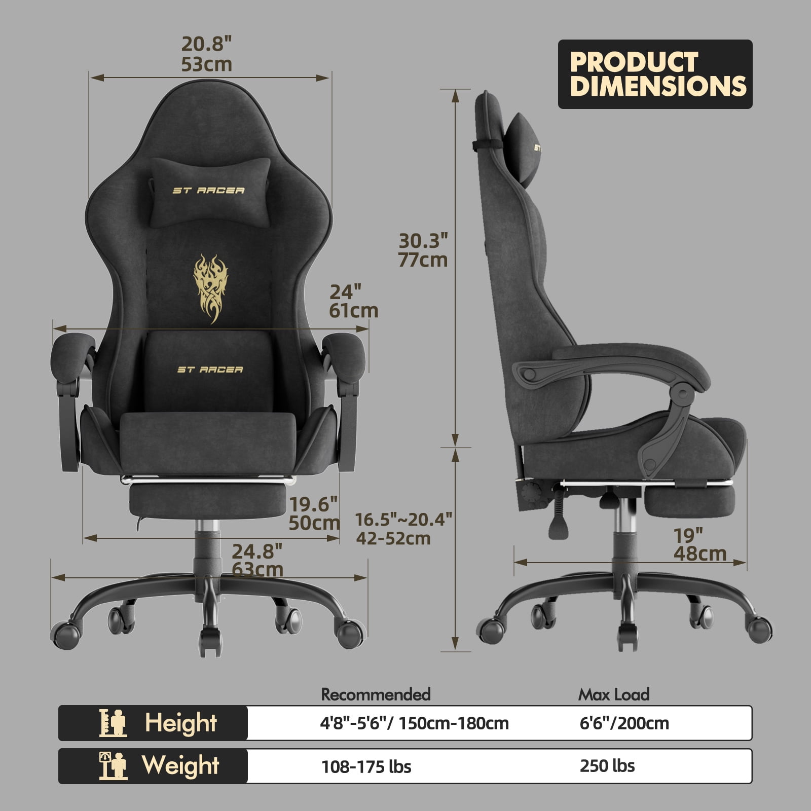 SOONTRANS Velvet Fabric Gaming Chair, High Back Ergonomic Office Game Chair for Adult, Video Gamer Chair with Footrest, Racing Reclining Office Computer Desk Chairs with Massage Lumbar, Black