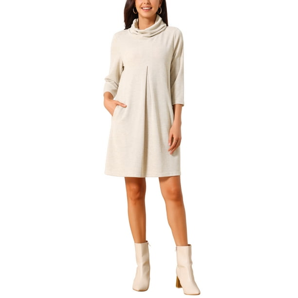 Vestido de punto para mujer INSPIRE CHIC con mangas 3/4, suelto, cuello de tortuga, suéter de otoño e invierno, vestido mini con bolsillos XL beige