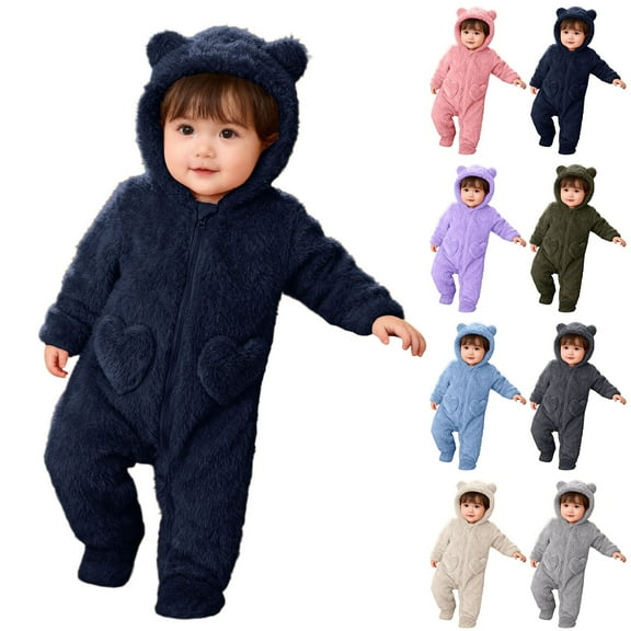Gaexia Baby Girl Clothes Solid Zipper Romper Long Sleeve Hooded Toddler Fall Winter Warm Jumpsuits