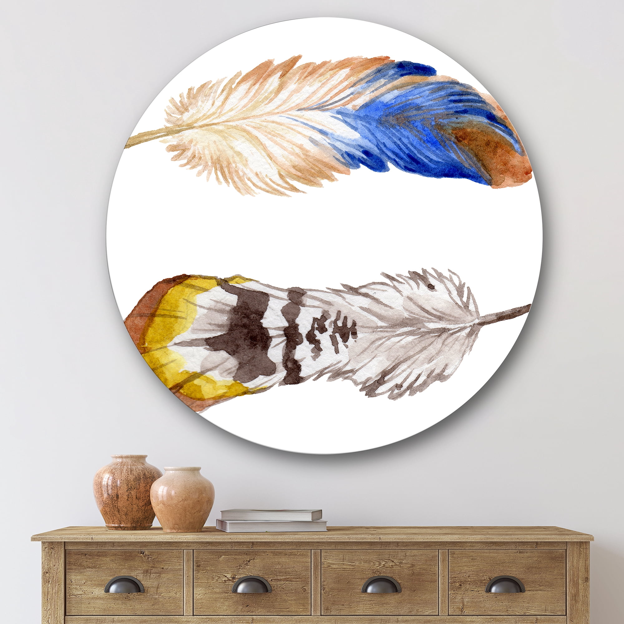 Designart 'Colourful Boho Art Feather Set III' Bohemian & Eclectic Circle Metal Wall Art 29x29 - Disc of 29