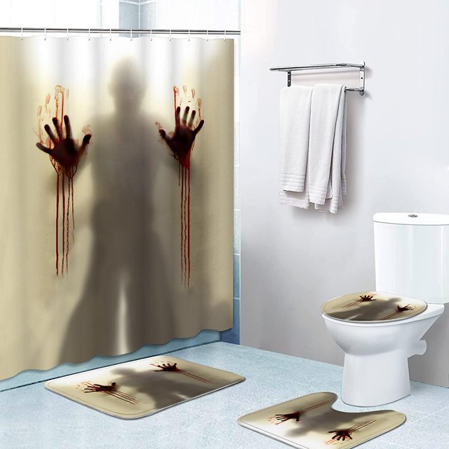 Cortina de ducha de 4 piezas, juegos de cortinas de ducha de Halloween, decoración de Halloween para baño de niños con 12 ganchos para cortinas para baño, 71 x 71 pulgadas, baño a prueba de agua