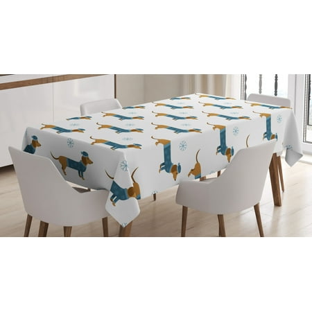

Dachshund Tablecloth Winter Cartoon Sausage Dog in Pullover and Snowflakes Rectangular Table Cover for Dining Room Kitchen 60 X 90 Ginger Dark Turquoise Pale Blue White by Ambesonne