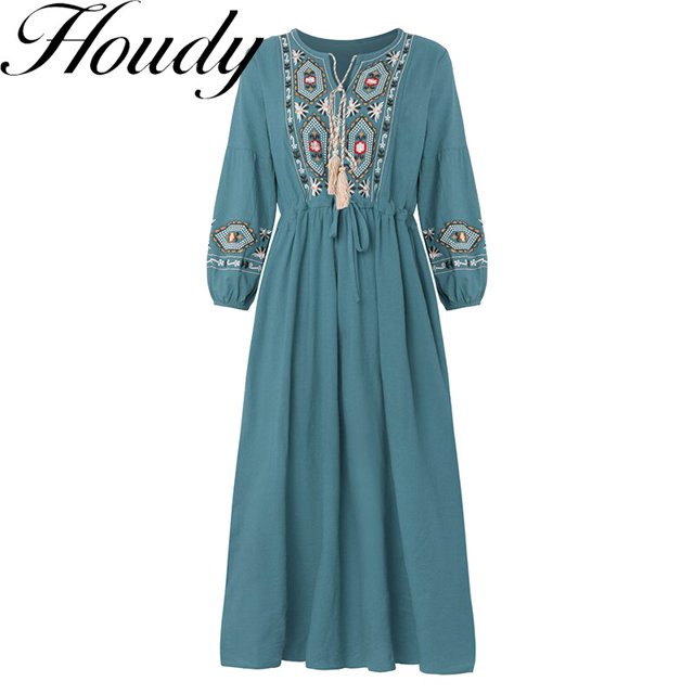 Fashion Pure Color Round Neck Lace Accessory Dress Loose Temperament Sleeve Embroidered Cotton Linen Dress Factory Direct SalesM Gao Jinjia LED