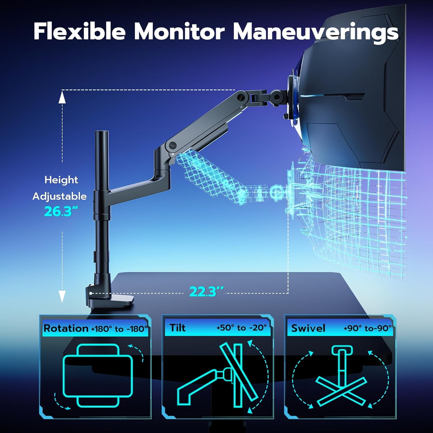 ARES WING Single Monitor Arm Desk Mount for 17–49 Inch Ultrawide Monitors, Heavy Duty Monitor Mount Holds Up to 44 lbs, Full Motion Gas Spring Monitor Stand, VESA 75x75 / 100x100, Black