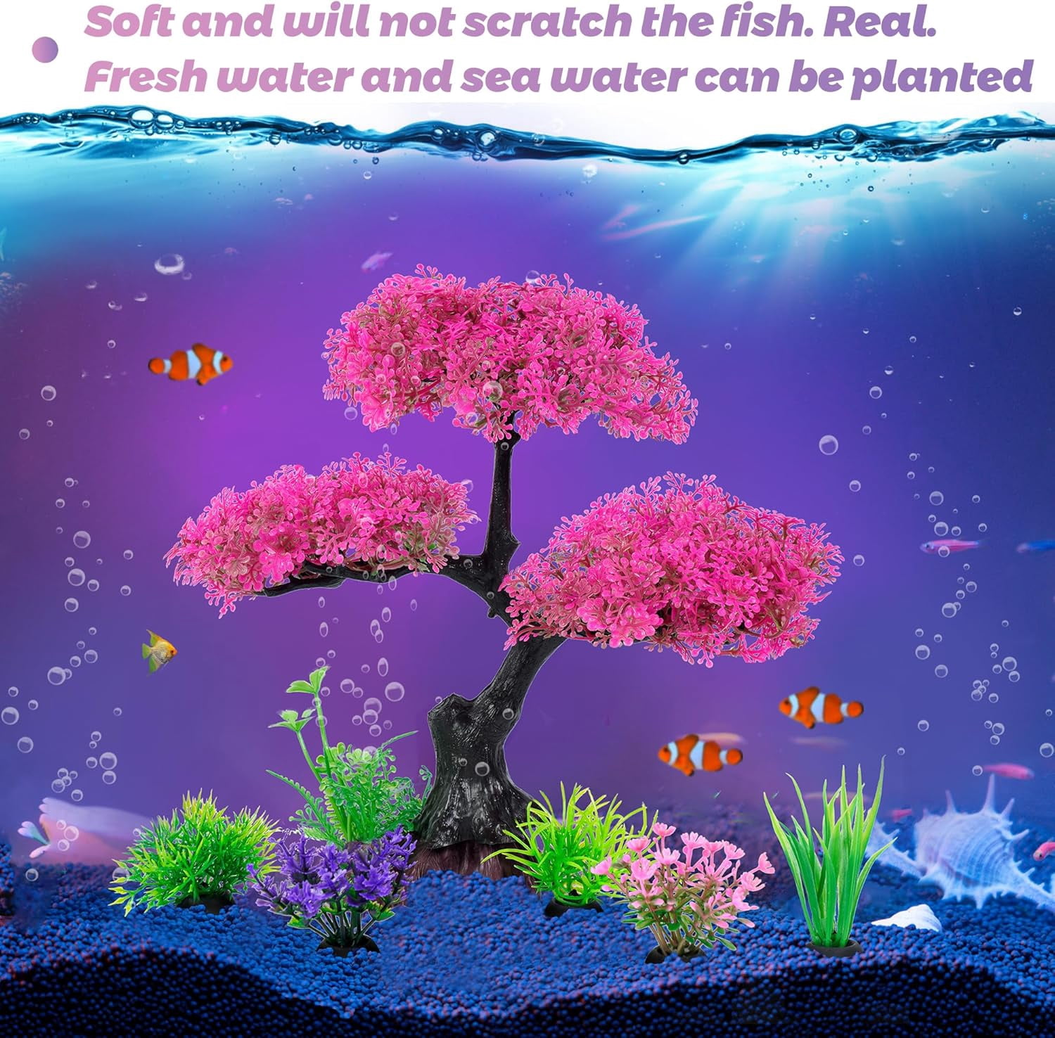 Aquarium Artificial Plastic Plants Decoration,  Cherry Blossom Tree Aquarium Decor Set, Goldfish Betta Fish Tank Decorations Hides Accessories