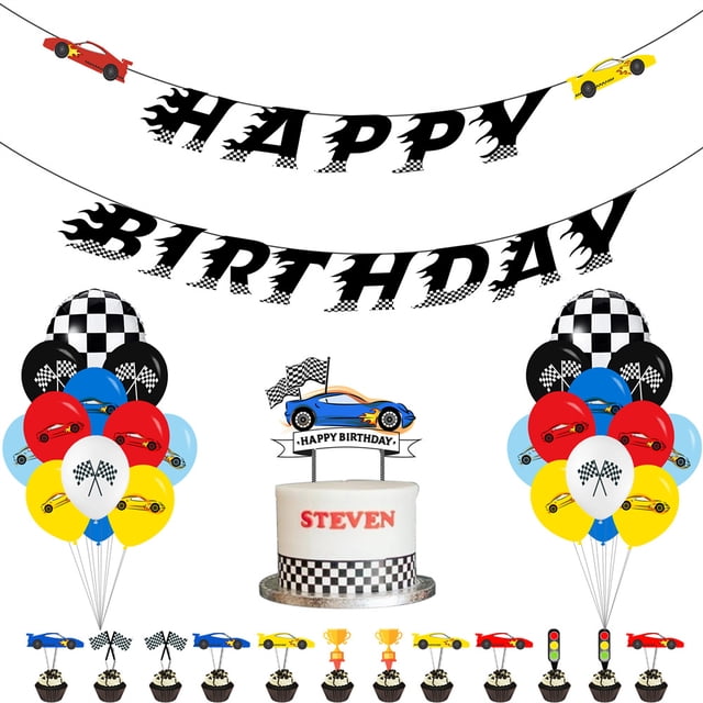 Set de fiesta con temática de carreras de autos, bandera de cumpleaños de carreras, inserción de tarjetas para pastel, decoración de globos para cumpleaños infantiles