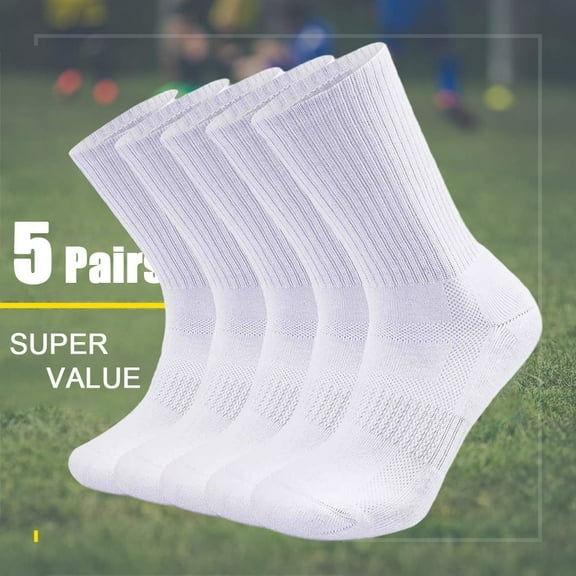 5 Pairs Unisex Cushioned Crew Training Athletic Socks Men & Women with Combed Cotton Moisture Wicking Breathable Performance - White