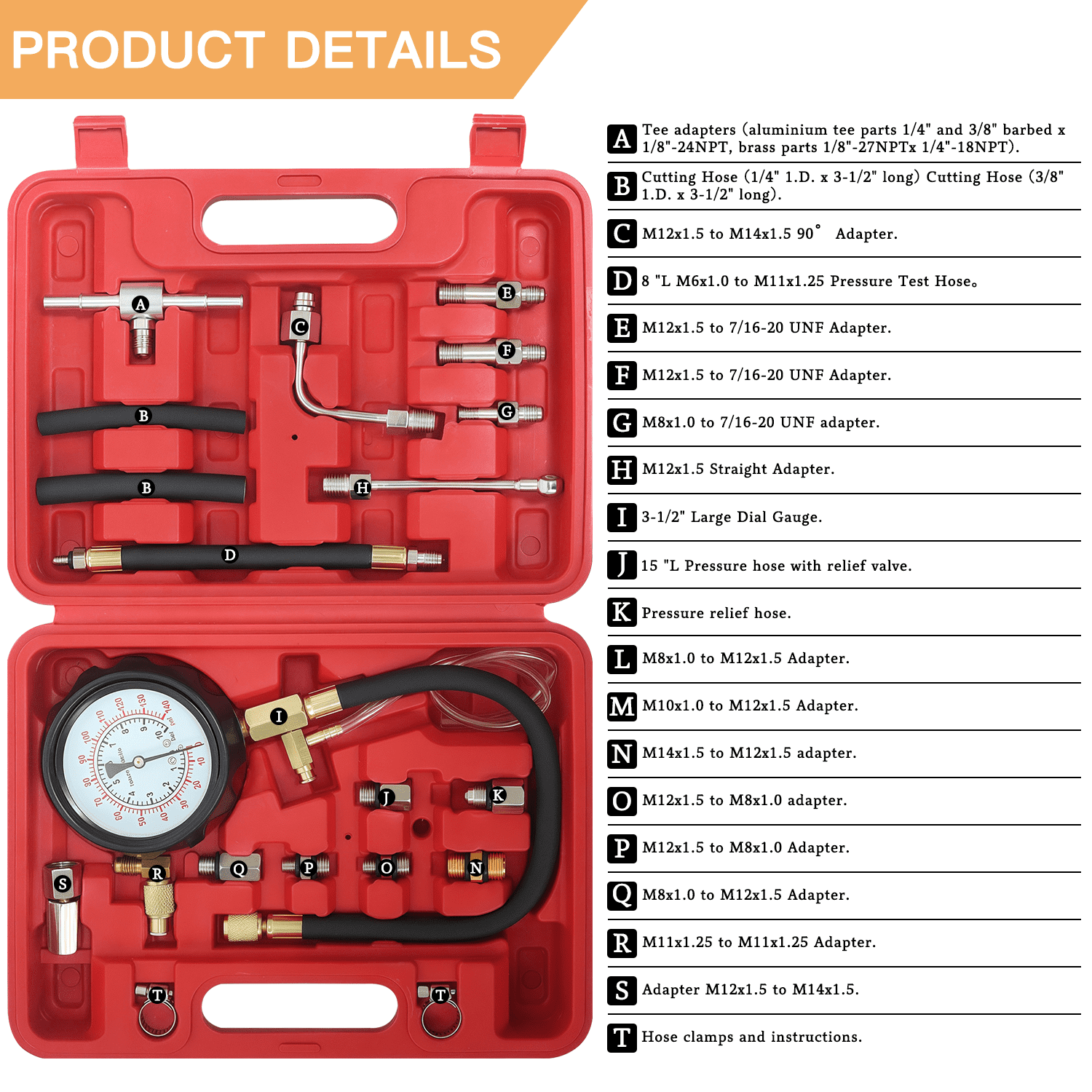 Enroslu 19 PCS Fuel Pressure Gauge Tester Kit, 0-140PSI Oil Pressure Tester Kit, Gasoline Pressure Diagnostic Tools, Oil Pressure Gauge Kit for Cars