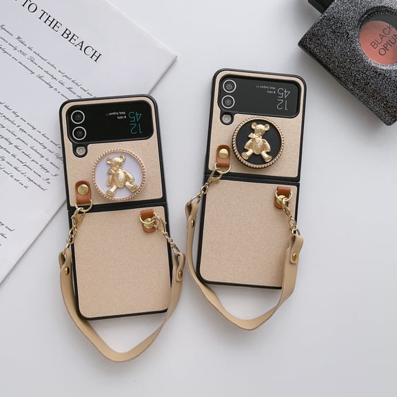 For Samsung Galaxy Z Flip4/Flip3 5G Phone Case,Shockproof Luxury Leather Bear bracket Case Cover,PC Slim Stand Cover With Wrist strap