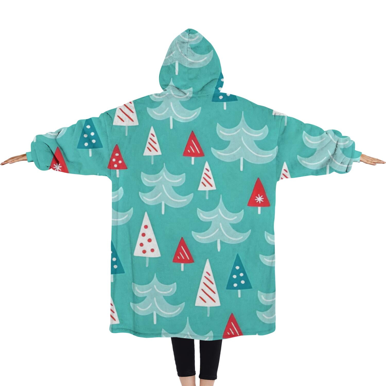 Oversized Wearable Blanket Hoodie,Turquoise Christmas Tree Pattern Sherpa Blanket Hoodie with Super Pockets,Super Warm Fuzzy Pullover for Women & Men