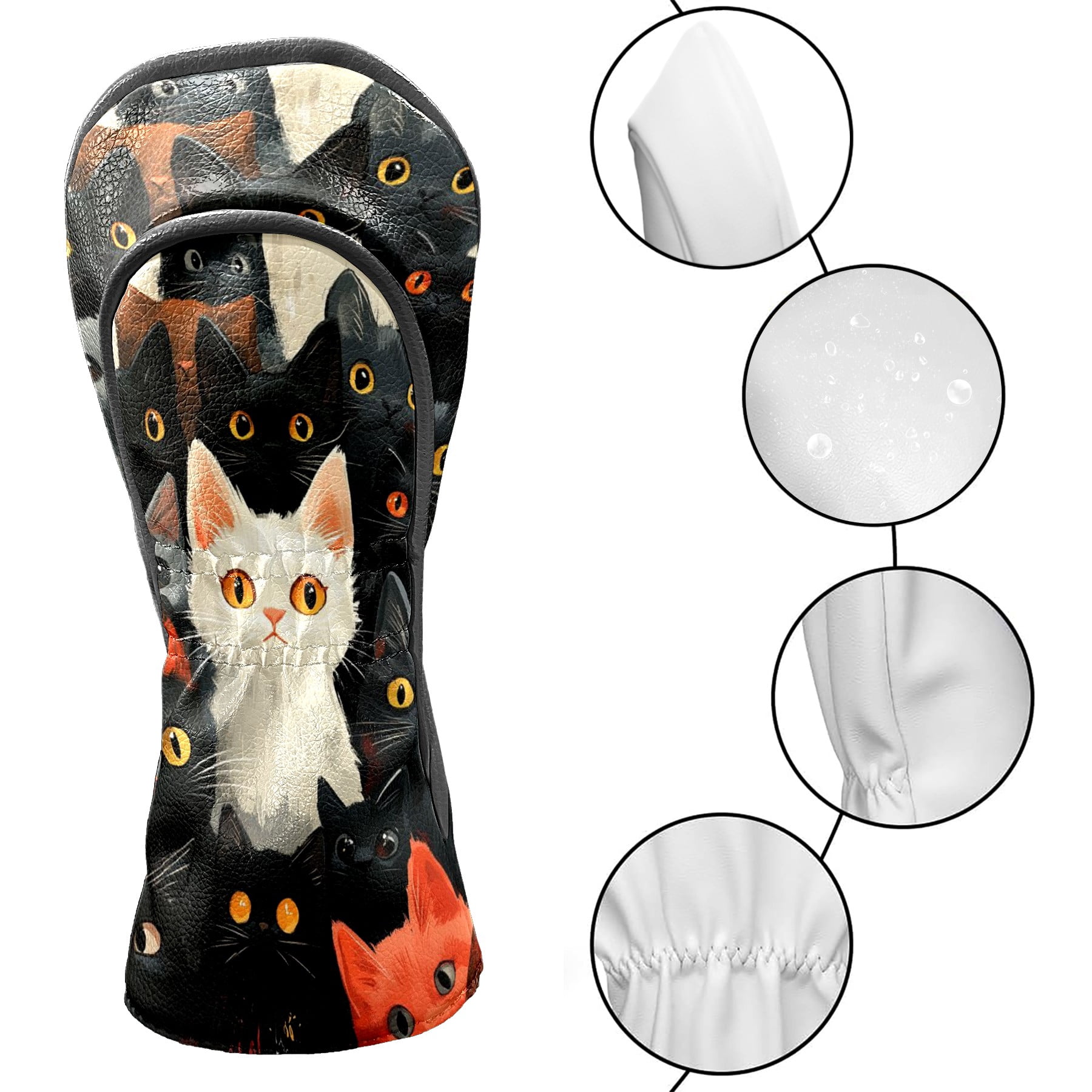 Golf Club Covers PU Leather Waterproof Head Covers for Fairway Woods Hybrids Black And White Cat Pattern Unisex Fits Most Brands