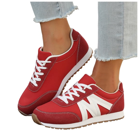 Rokment Women's Running Shoes Fashion Sneakers 2026 Spring Fall Suede Color Block Letter Graphic Memory Foam Casual Walking Tennis Flat for Woman Red Size 6.5