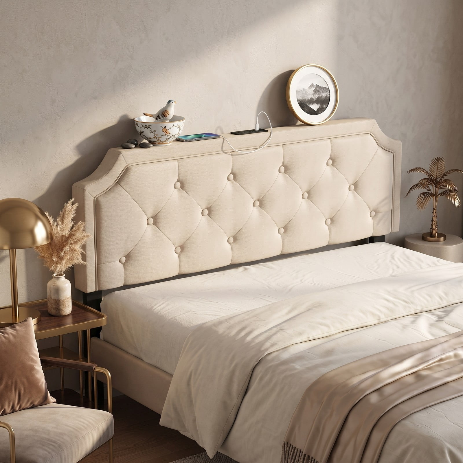 Furnibear Tufted Upholstered Headboard with Piped Trim and 2 AC Outlets and USB and Type-C Ports for Full and Queen Beds, Beige