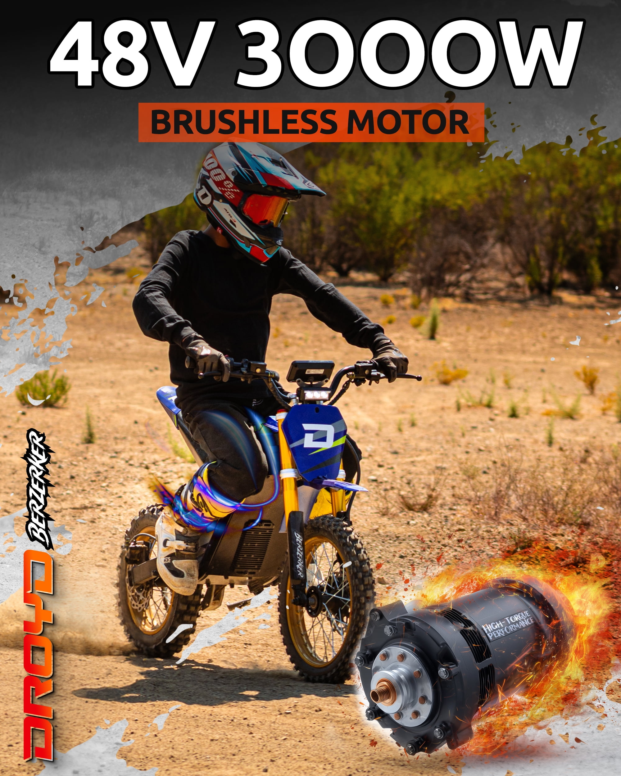 Droyd Berzerker Electric Dirt Bike for Kids 13+, Teens & Adults – 3000W Peak Motor, 48V 30Ah LFP Battery, 42 MPH Max Speed, 50 Mile Range, Hydraulic Brakes, Adjustable Suspension, Off-Road