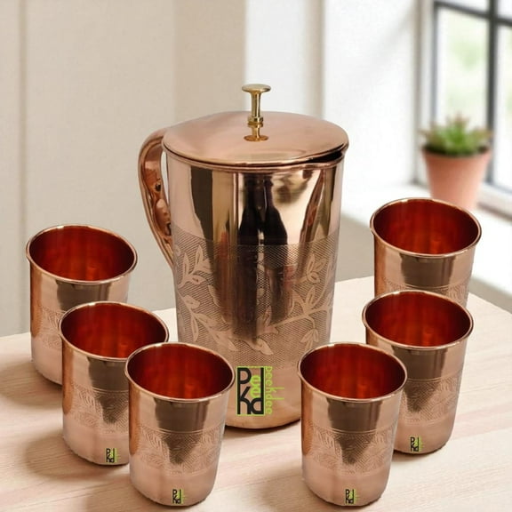 Peekdee Copper Embossed Desgin Jug 1500 ML And 6 Tumbler Set 300 ML For Water Drinking Yoga Health Benefits