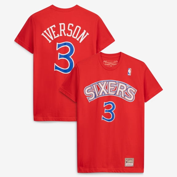 Unisex Mitchell & Ness Allen Iverson Red Philadelphia 76ers Hardwood Classics Name & Number T-Shirt