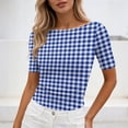 thumbnail image 4 of DeHolifer Women's Tops Casual Plaid Printed Crewneck Short Sleeve Lightweight Summer Trendy Tee Tops Blue L, 4 of 7