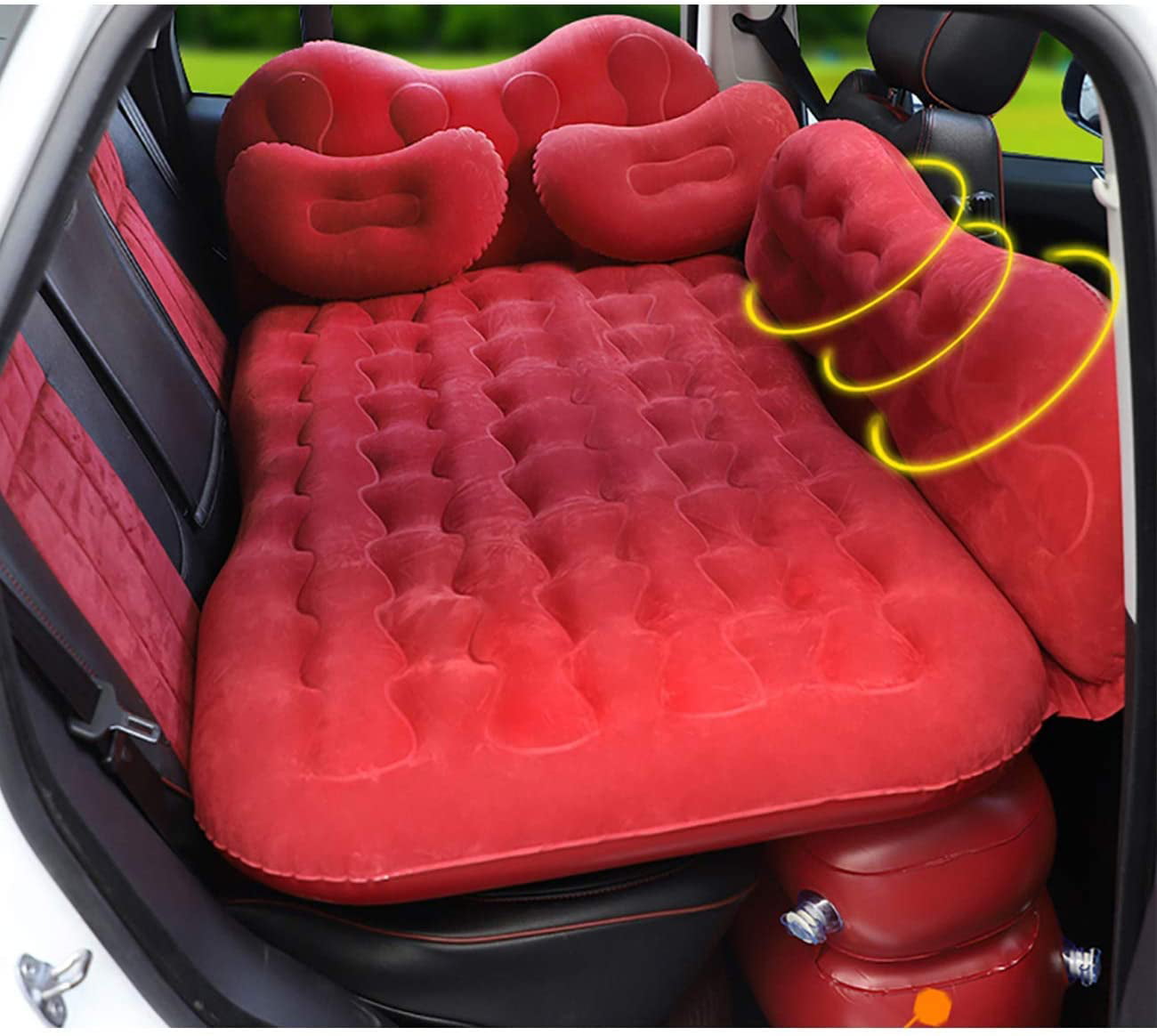 Car Bed fits Car -Camping Inflation Bed Travel Air Bed Car Back Seat-Blow Up Air Mattress CALOER Thickened Inflatable Car Air Mattress with Pocket,Headboard,Pillows and Air Pump SUV. Portable 