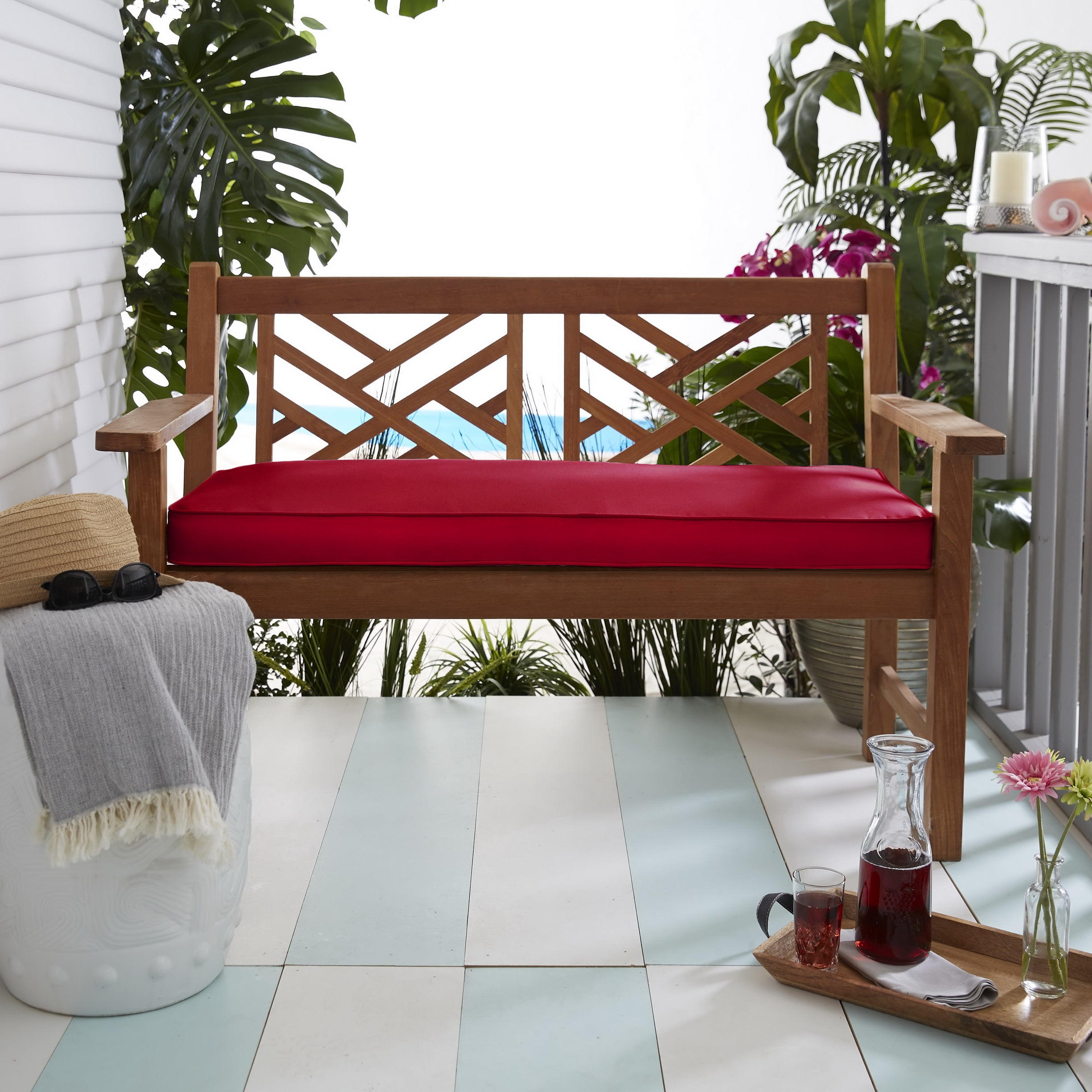 Crimson Red Bench Cushion for Indoor and Outdoor Use, Corded