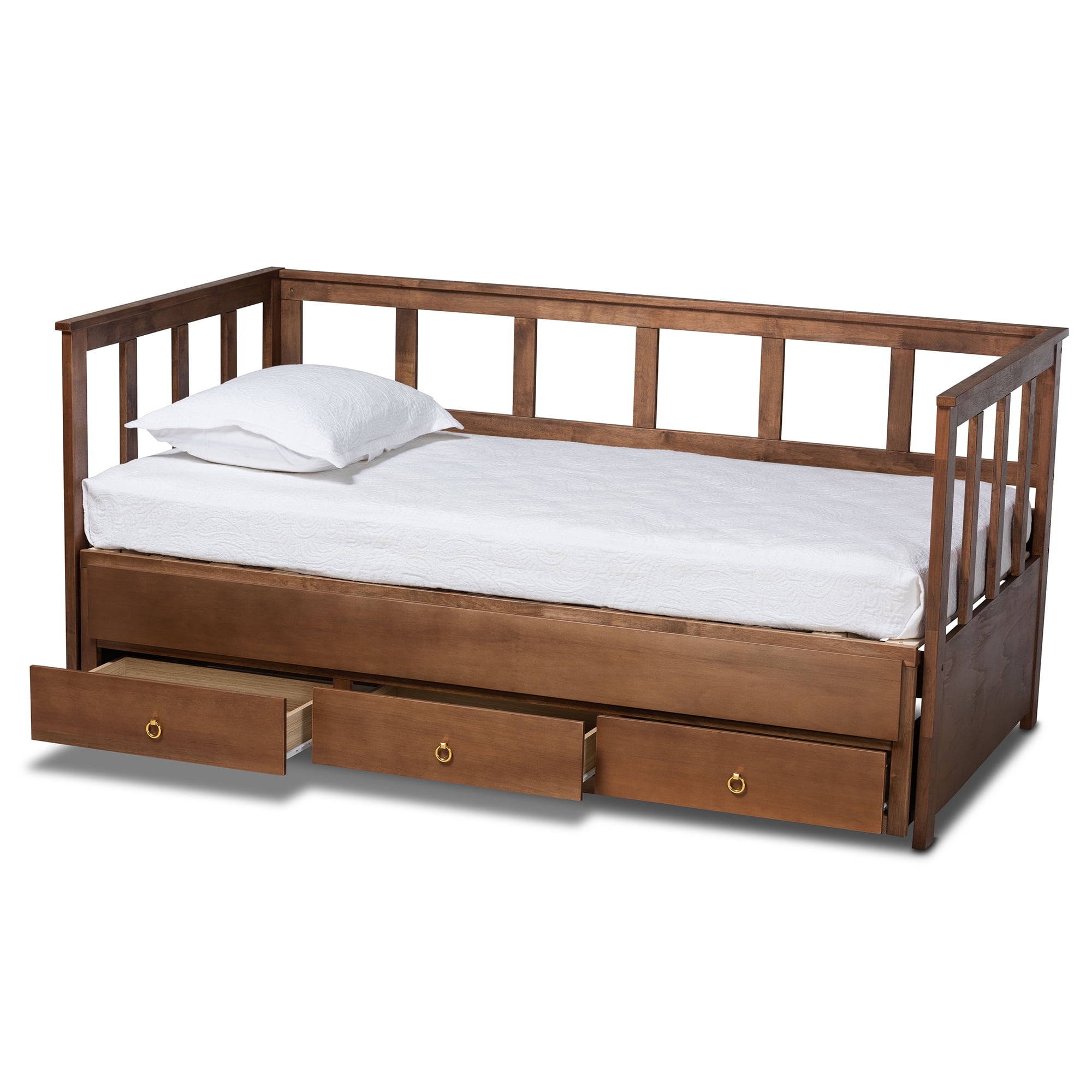 Baxton Studio Kendra Modern and Contemporary Walnut Brown Finished Expandable Twin to King Daybed with Storage Drawers, Walnut/Gold