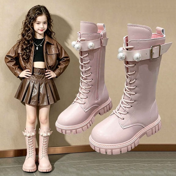 BRGZLK Knee High Boots for Girls 2026 Autumn Winter Cute Lace Up Lug Sole Comfort Round Toe Chunky Heels Riding Boots with Pearl Buckle, Little Kids Motorcycle Boot Pink 9.5-10 Years