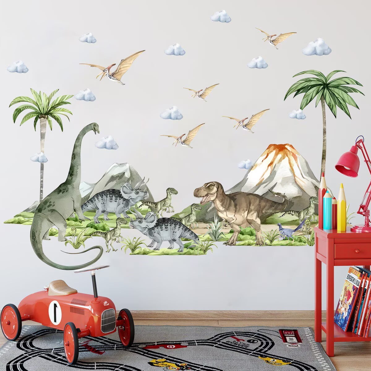Large Dinosaurs Wall Decals Animal Dino Tropical Palm Tree Wall Stickers Dino Volcano Wall Stickers Boys Bedroom Playroom Baby Nursery Wall Decor