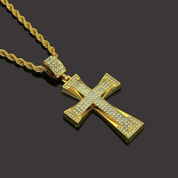 Hip Hop Bling Iced Out 14K Yellow Gold Jerusalem Cross Pendants Necklaces for Men Rapper Jewelry Gift