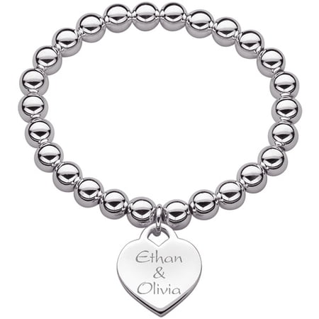 Personalized Planet Women's Silver-Tone Engraved Message Heart Charm Stretch Bead Bracelet