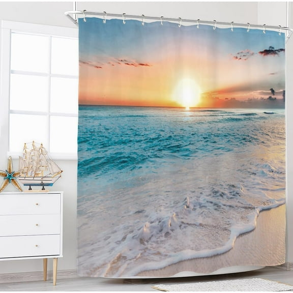 Beach Hawaiian Sea Sunset Shower Curtain for Bathroom Decor 72Wx72H Ocean Wave Sunrise Tropical Coastal Seaside Summer Scenery Art Printed Fabric Polyester Waterproof 12 Pack Plastic Hooks