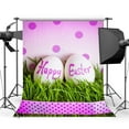 thumbnail image 1 of BSDHOME Polyester 5x7ft Happy Easter Backdrop Painted Eggs Backdrops Green Grass Meadow Ribbon Dots Nature Frohe Ostern Spring Photography Background for Kids Adults Holiday Photo Studio Props, 1 of 3