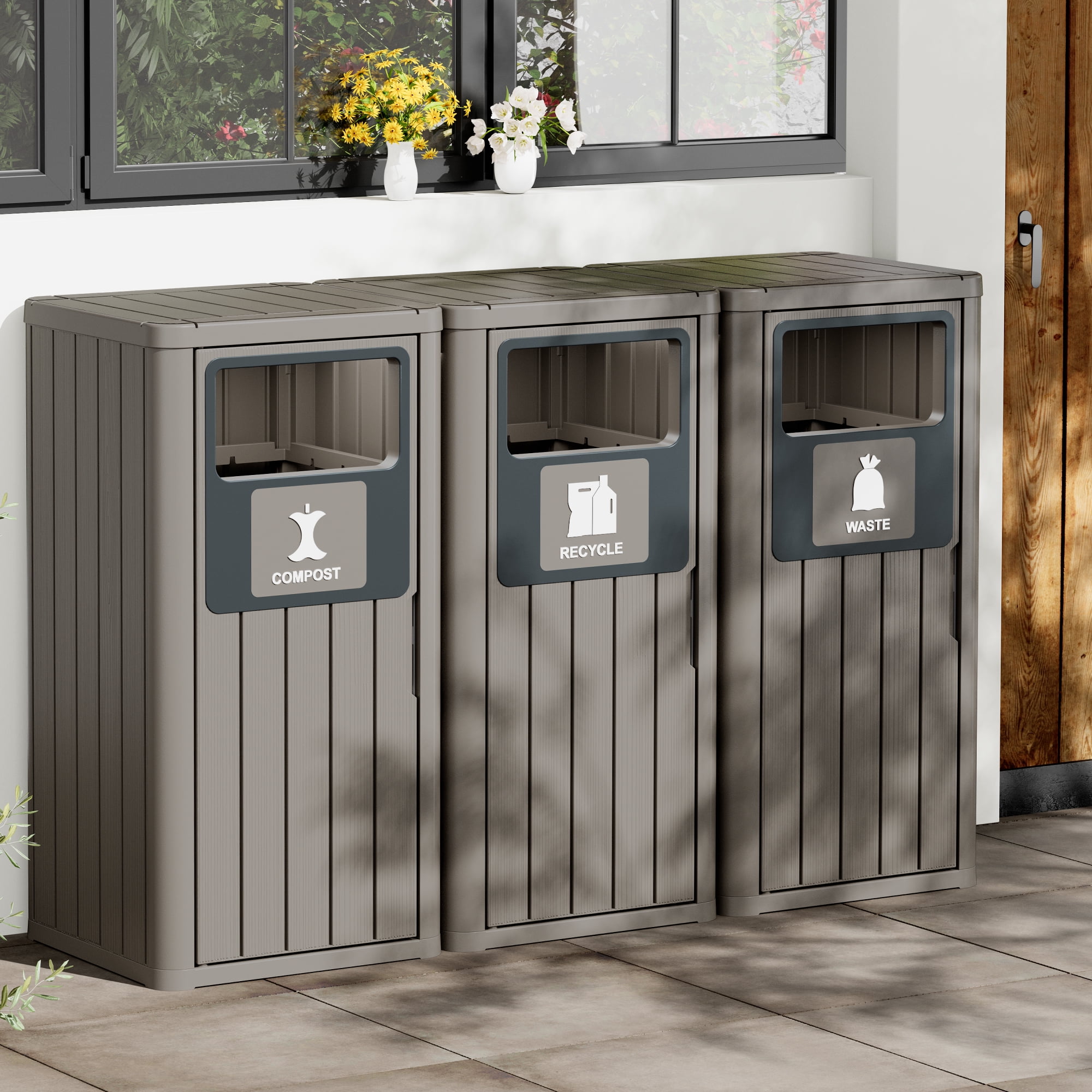 Bifanuo 42 Gallon Triple Bin Trash Can - 3-Pack Waste, Recycling & Compost Bins, Heavy-Duty Waterproof Outdoor Garbage Can for Patio, Kitchen & Commercial Use