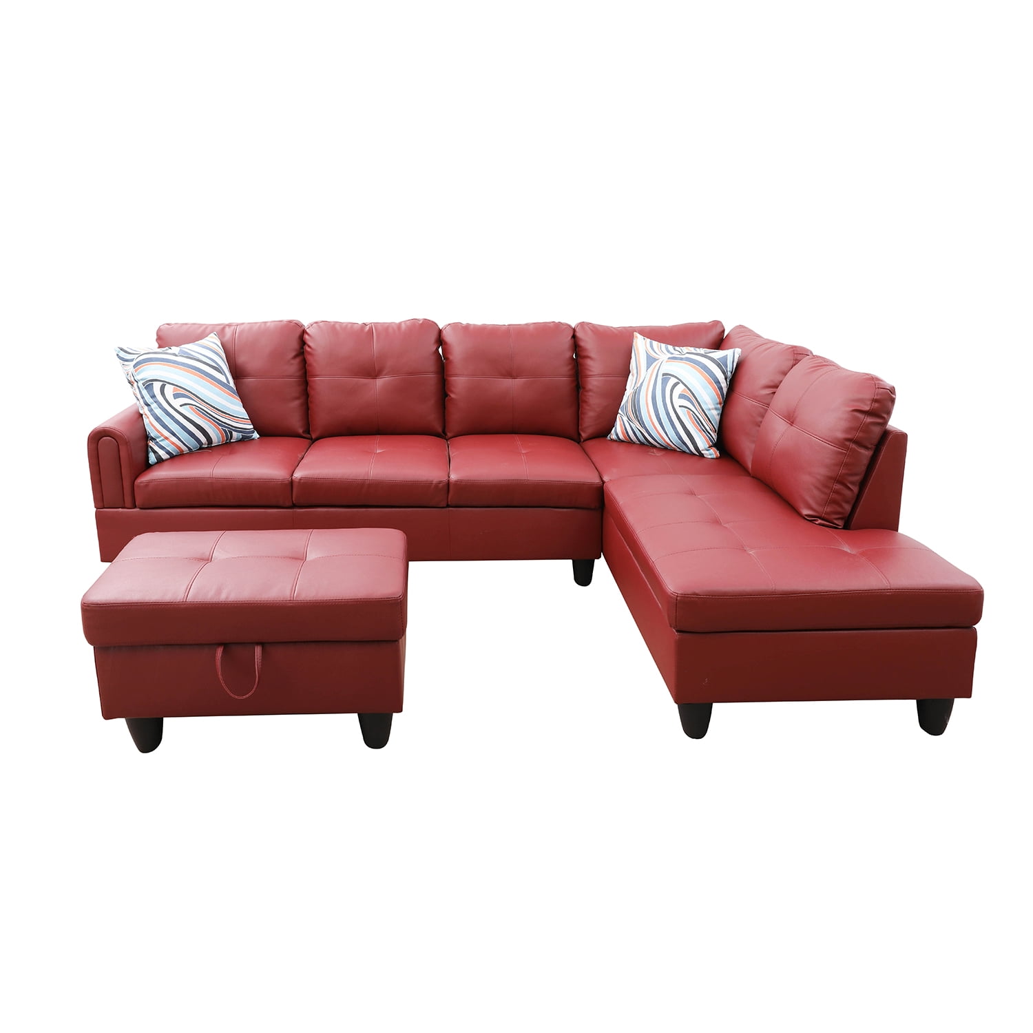 Hommoo Faux Leather 4-Seat Couch, L Shaped Sectional Couches and Sofas, Modern Living Room Furniture Sets Sectional Sofa Set, Red(No Ottoman)