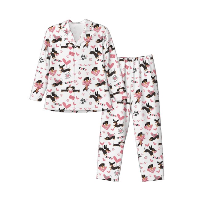 Balery Dachshund Dog Puppy Pijama para Hombre de Dos Piezas con Manga Larga, Conjunto de Dormir y Descanso Suave con Bolsillos-Small