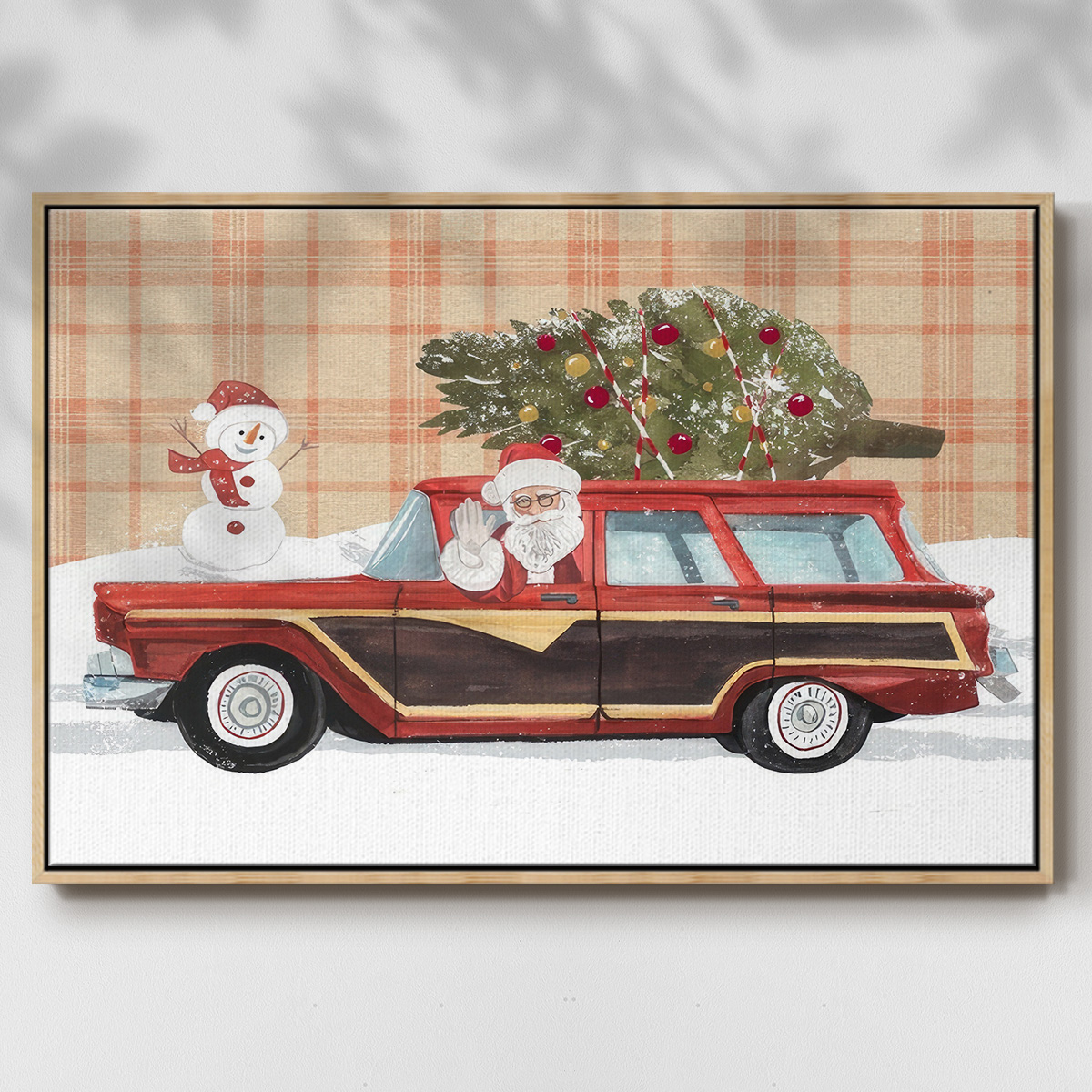 Santa on Wheels I - Framed Gallery Wrapped Holiday Canvas - 25 x 37 - Natural Wood Frame