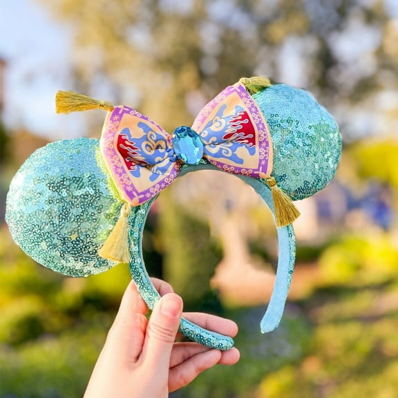 Fashion Minnie Ears Sequin Diamonds Aladdin Queen Sparkle Bow Headband Blue/Green