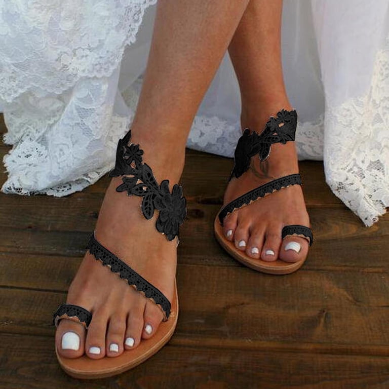 Anuyalue Wedding Flat Sandals Dress , Black Lace Sandals, Beach Sandals, Black Dress Sandals Clip Toe Casual Lace Floral Beach Flip Flop,Summer