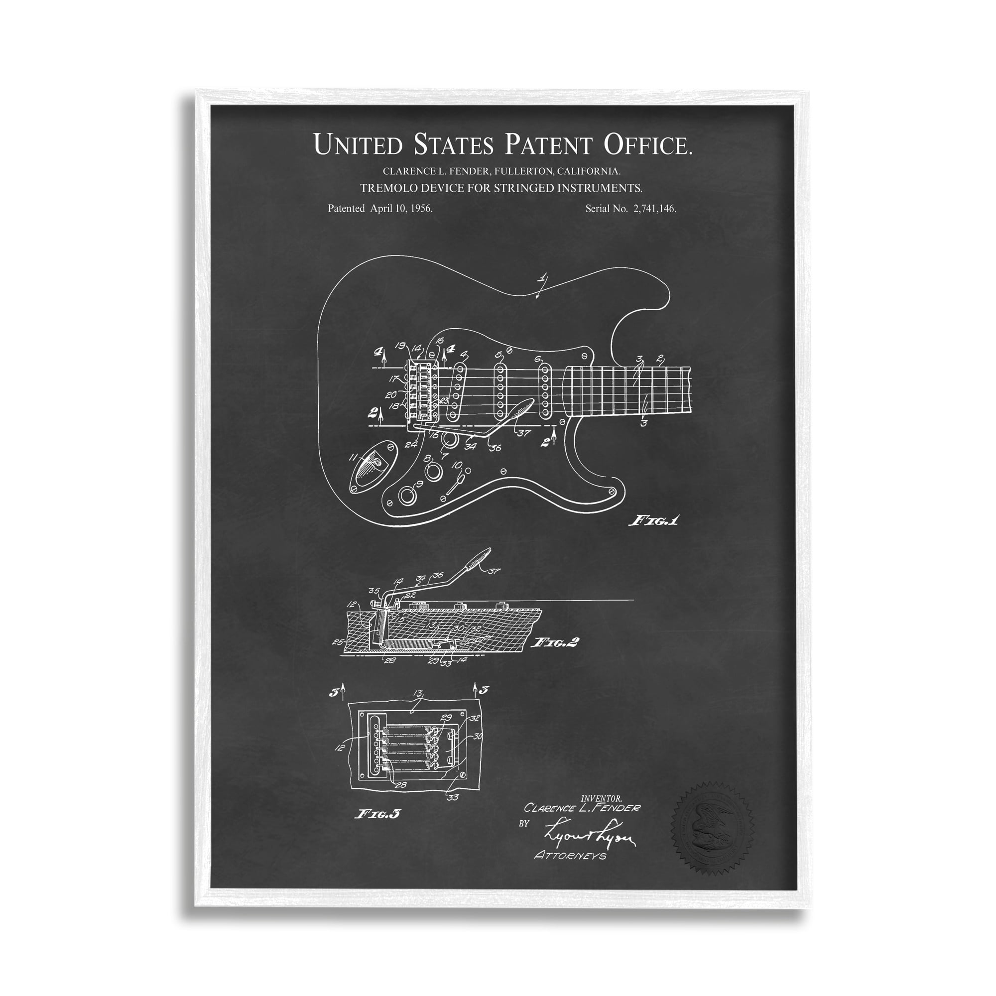 Stupell Industries Electric Guitar Instrument Musician Detailed Patent Blueprint Framed Wall Art, 11 x 14, Design by Karl Hronek